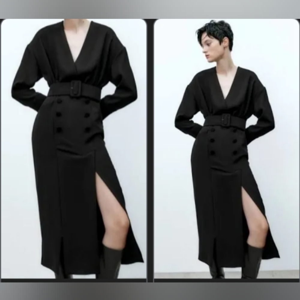 Zara belted black midi dress size medium